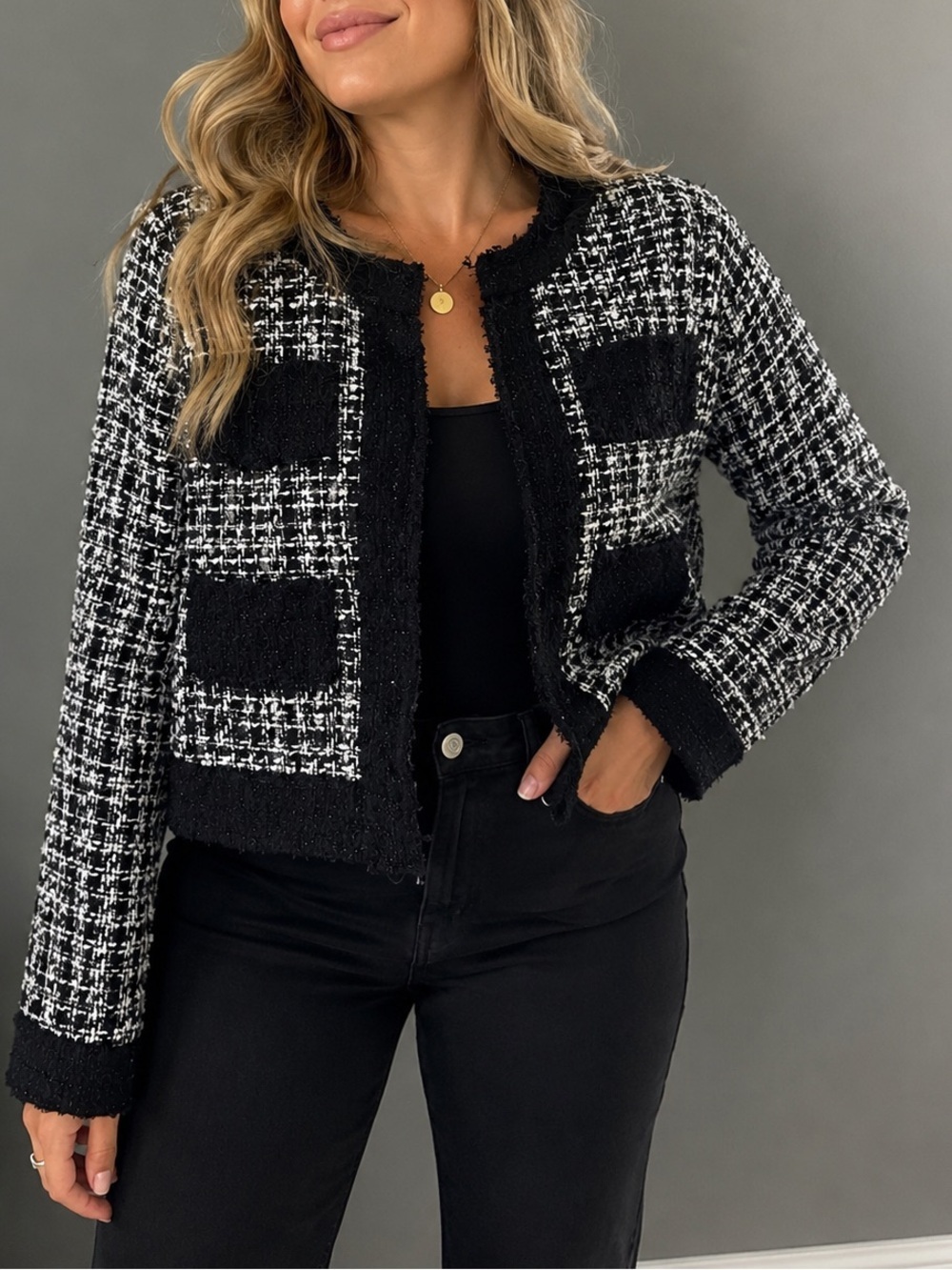 NWT Studio 94 Black & White Tweed Cropped Blazer Jacket | Fringe Size XL | Chic